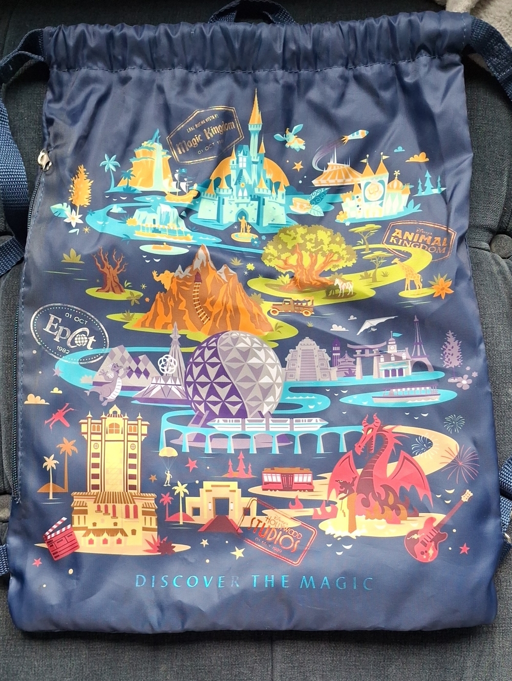 Disney Navy Blue Drawstring Backpack with Multicolor Park Map Art